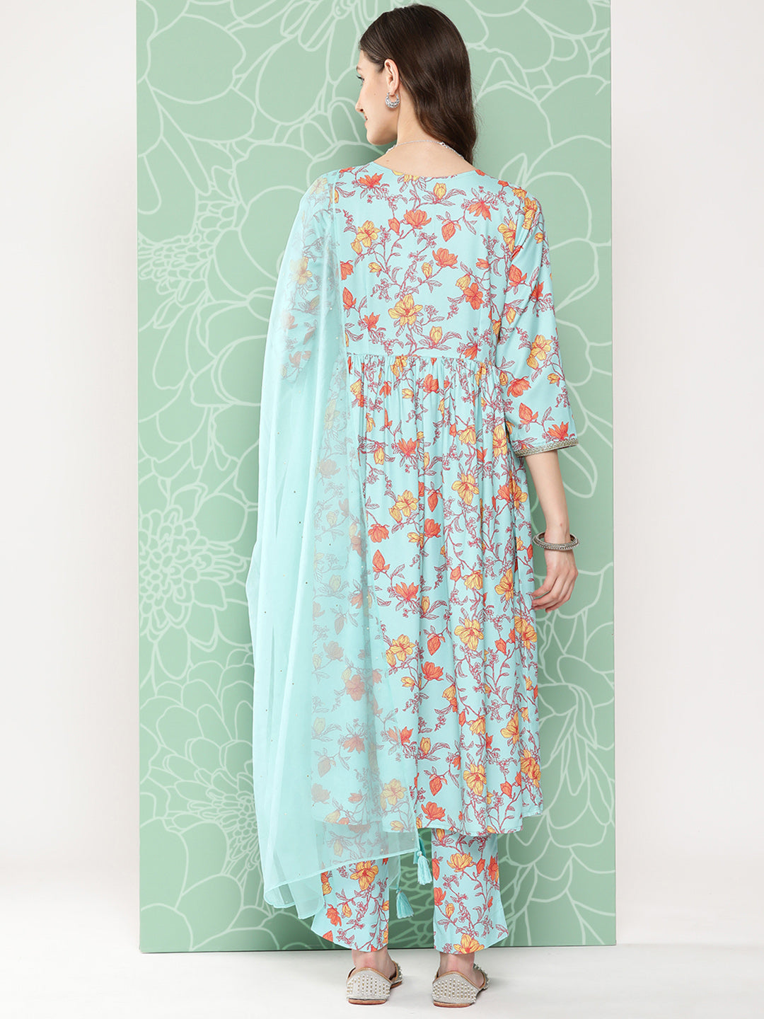 Janasya Women's Aqua Blue Moss Digital Floral Printed Gathered Festive Kurta Set 