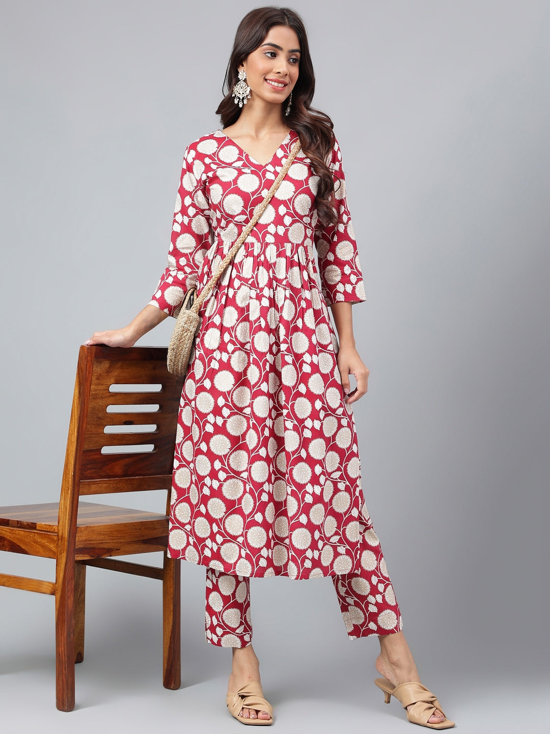 Janasya Women's Maroon Cotton Floral Printed Gathered Casual Kurta Set 