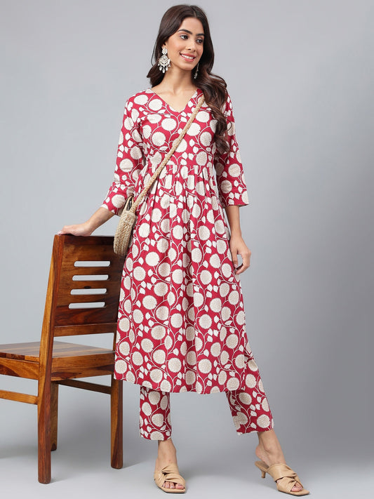 Janasya Women's Maroon Cotton Floral Printed Gathered Casual Kurta Set 