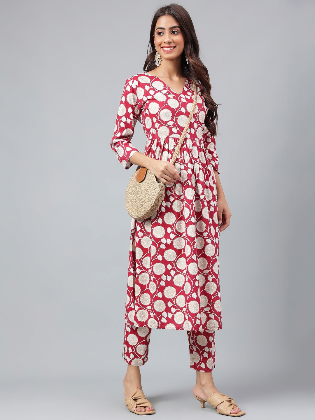 Janasya Women's Maroon Cotton Floral Printed Gathered Casual Kurta Set 