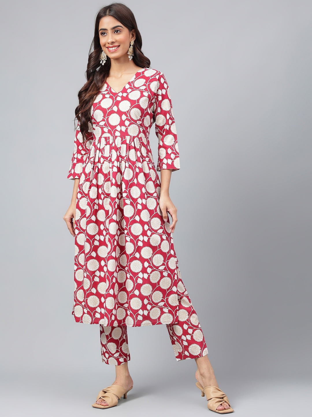 Janasya Women's Maroon Cotton Floral Printed Gathered Casual Kurta Set 