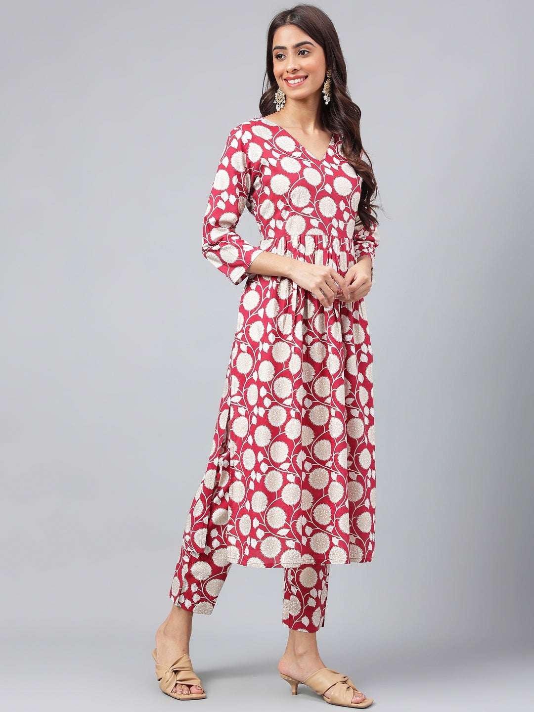 Janasya Women's Maroon Cotton Floral Printed Gathered Casual Kurta Set 