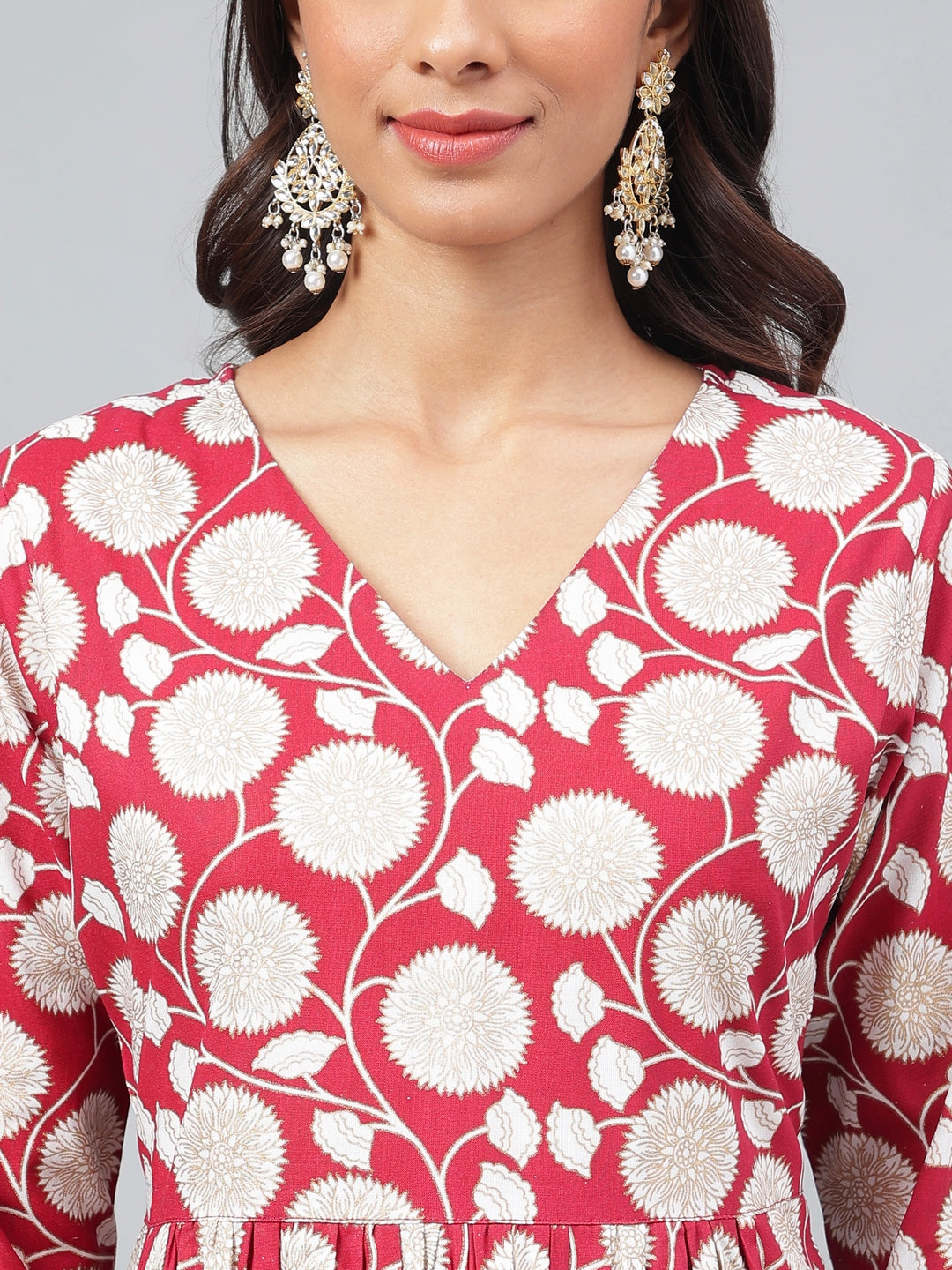 Janasya Women's Maroon Cotton Floral Printed Gathered Casual Kurta Set 