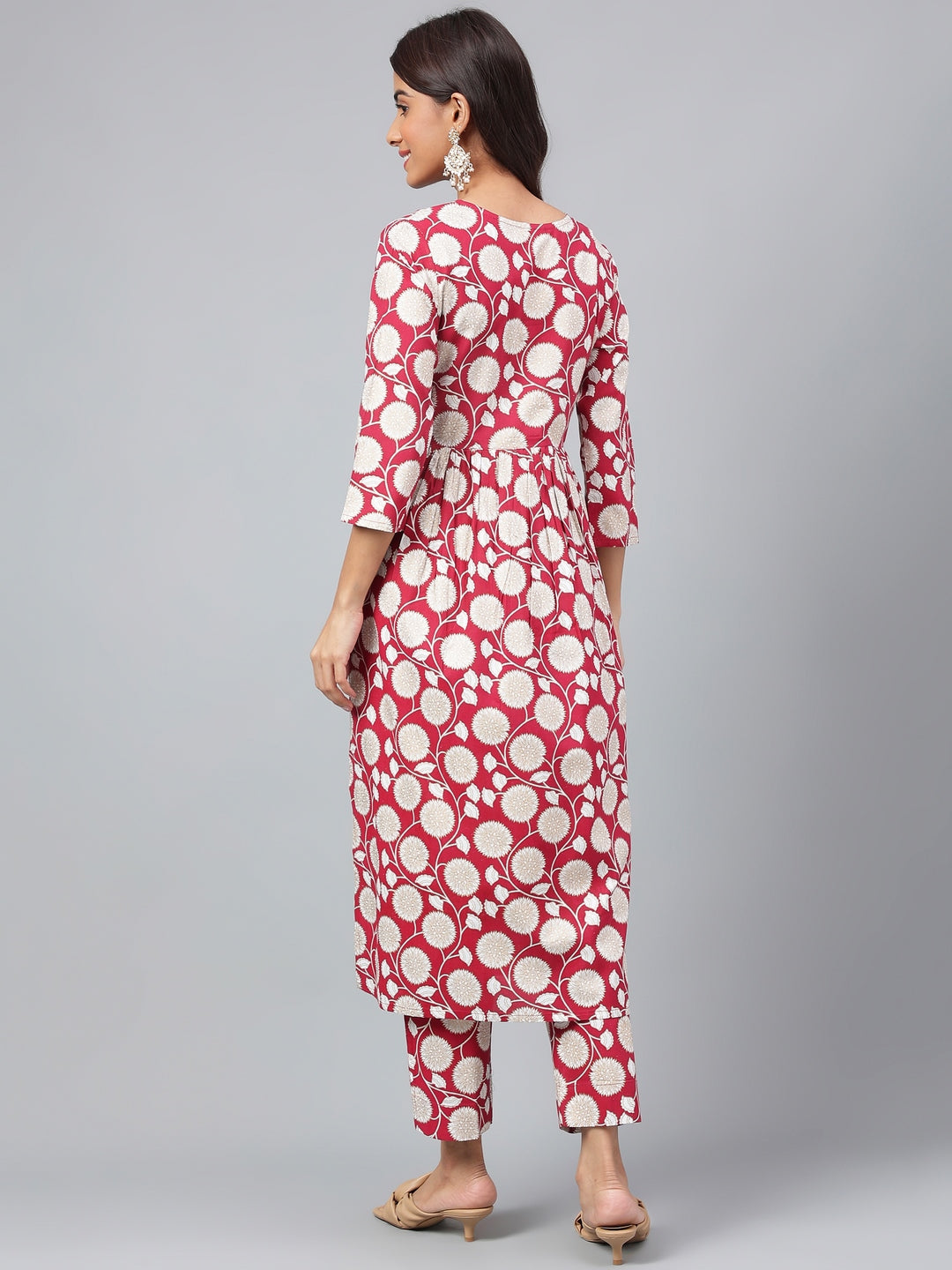 Janasya Women's Maroon Cotton Floral Printed Gathered Casual Kurta Set 