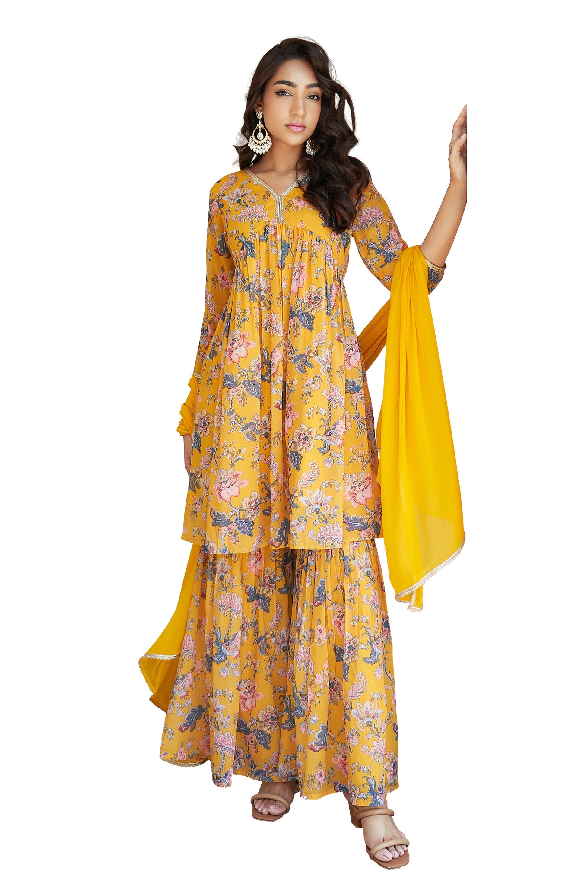 Janasya Yellow Georgette Digital Floral Printed Set 