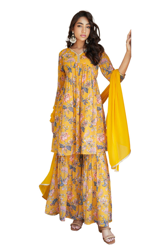 Janasya Yellow Georgette Digital Floral Printed Set 