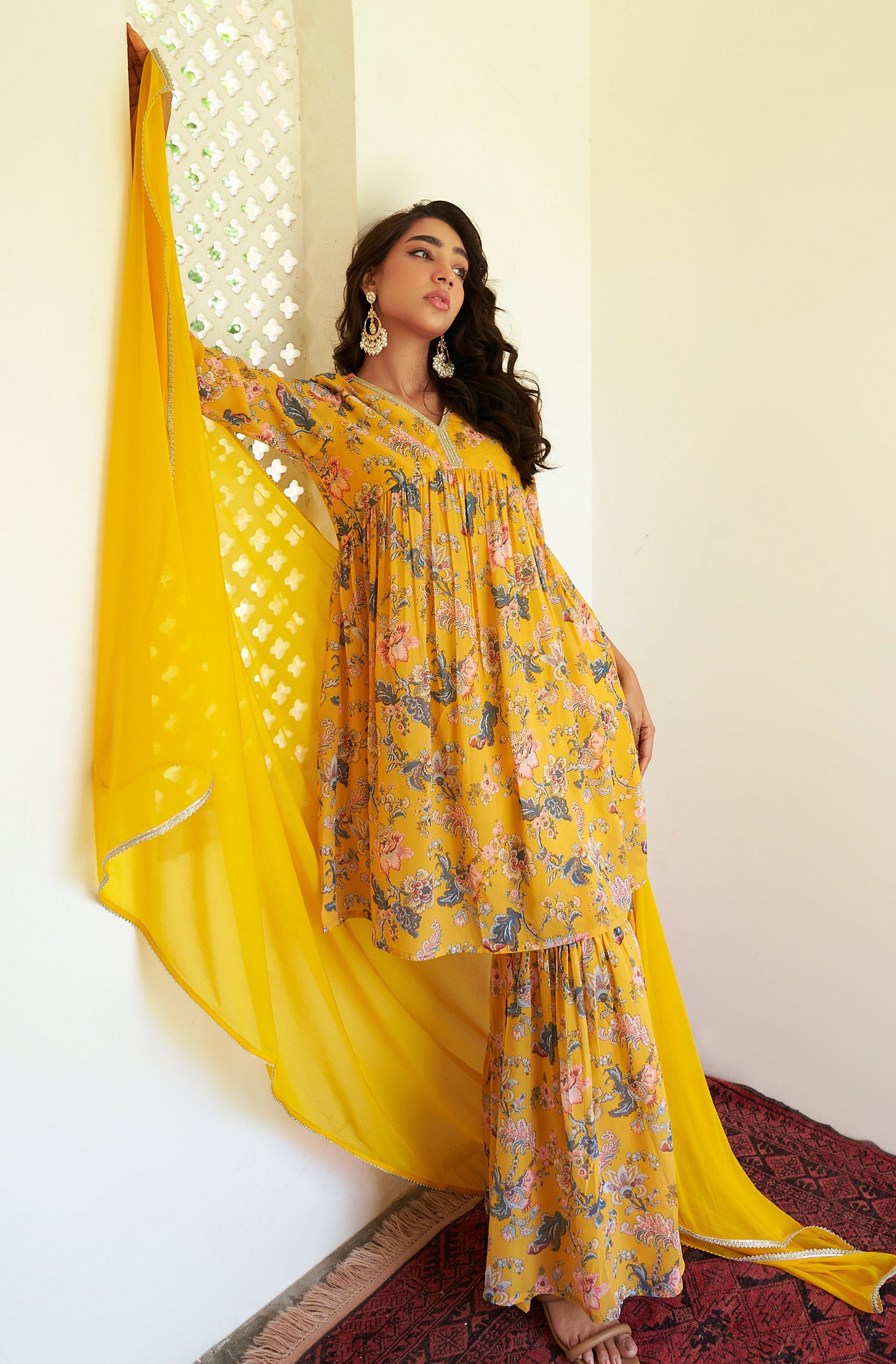 Janasya Yellow Georgette Digital Floral Printed Set 
