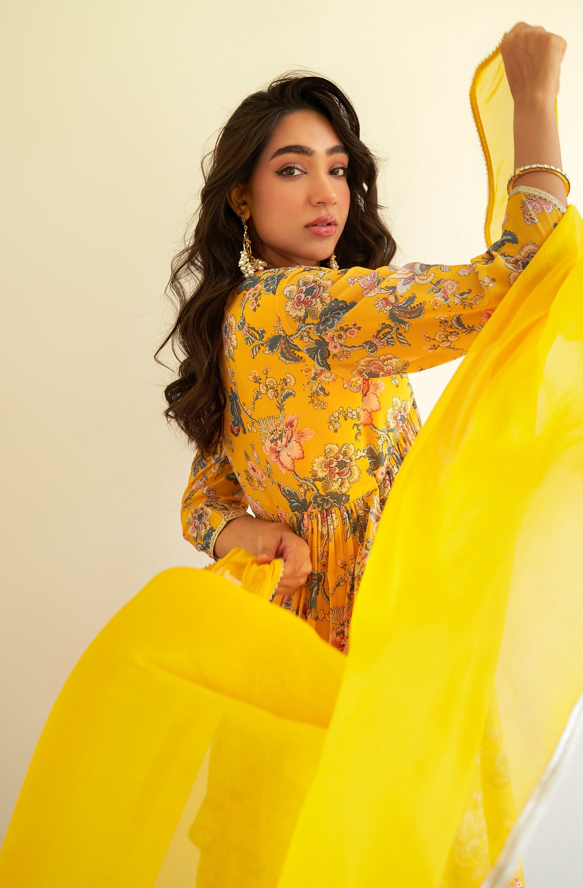 Janasya Yellow Georgette Digital Floral Printed Set 