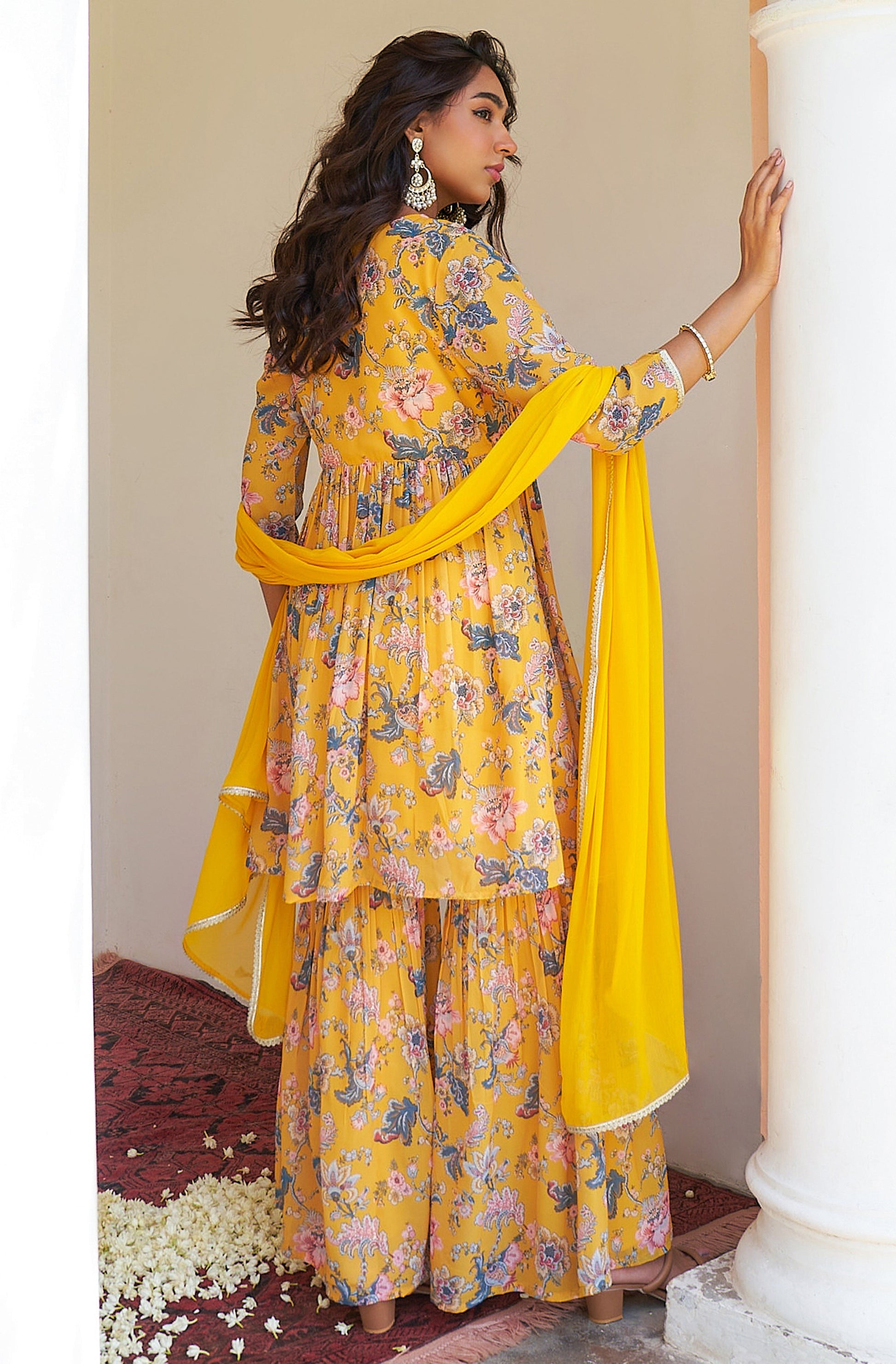 Janasya Yellow Georgette Digital Floral Printed Set 