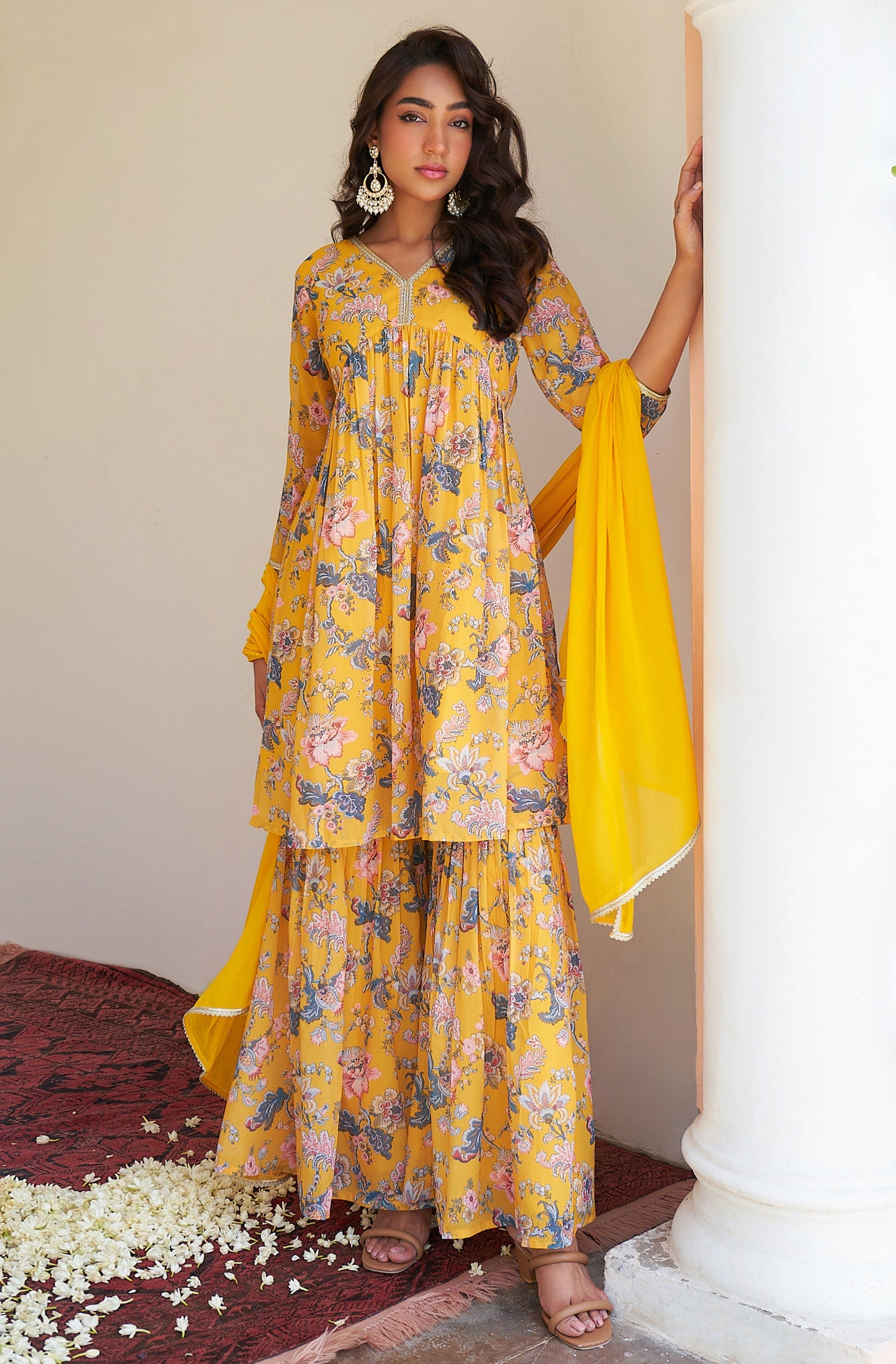 Janasya Yellow Georgette Digital Floral Printed Set 