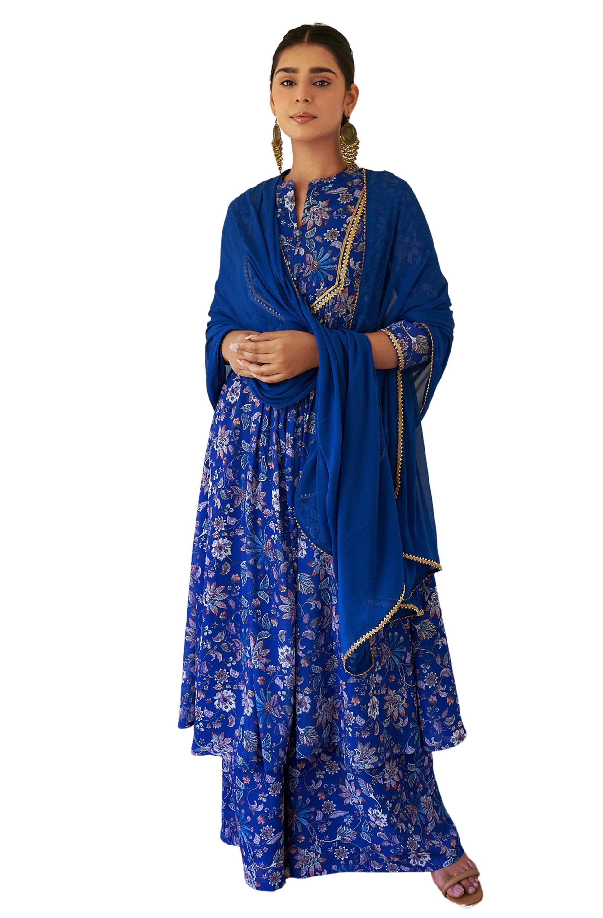 Janasya Dark Teal Blue Georgette Digital Floral Printed Set 
