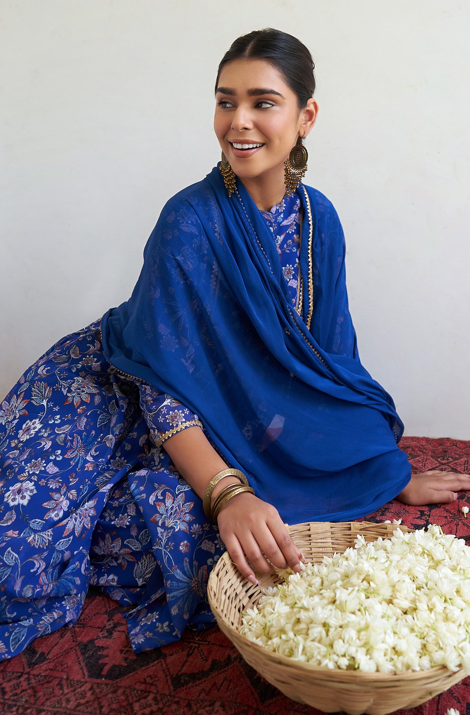 Janasya Dark Teal Blue Georgette Digital Floral Printed Set 