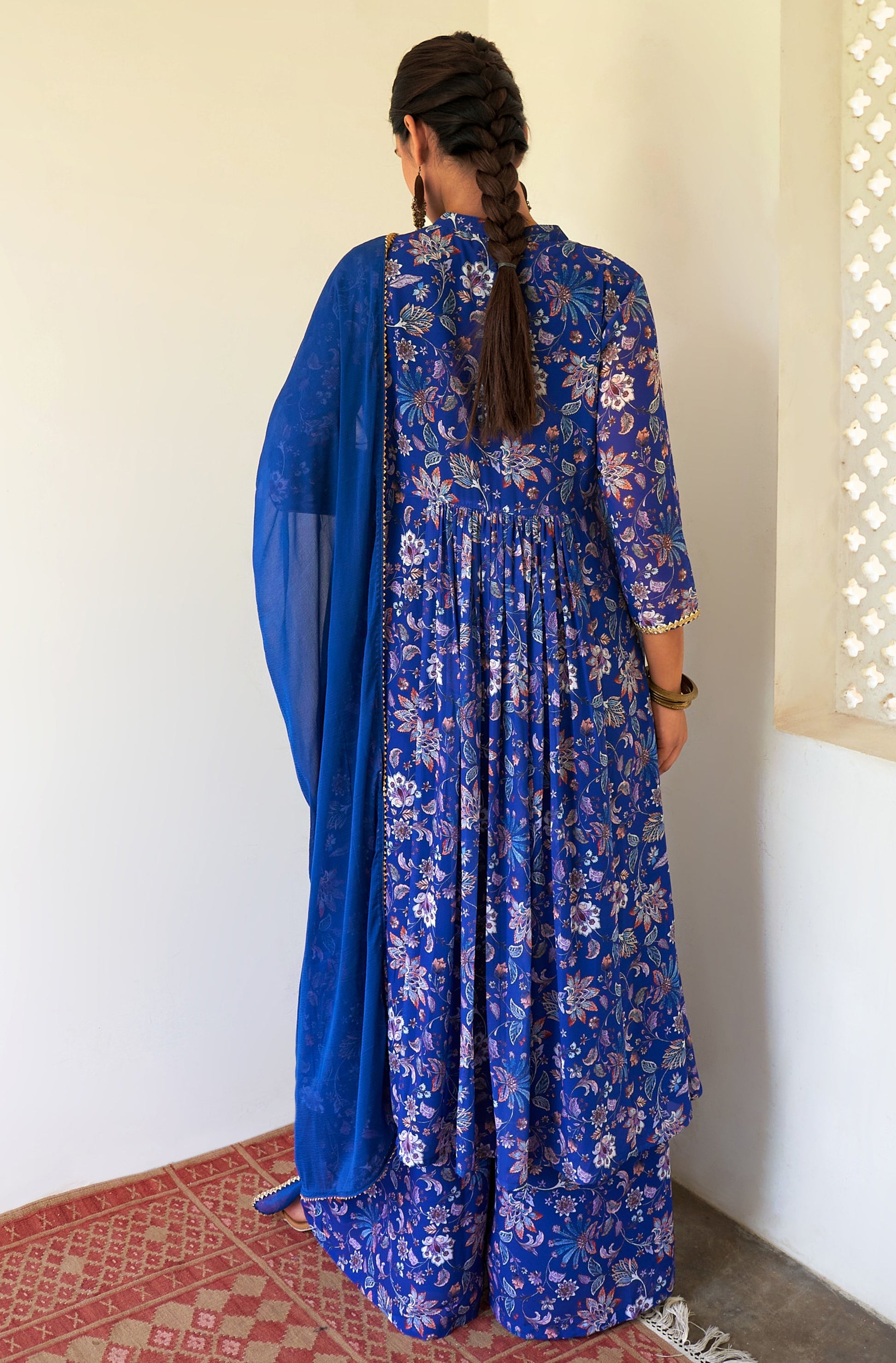 Janasya Dark Teal Blue Georgette Digital Floral Printed Set 