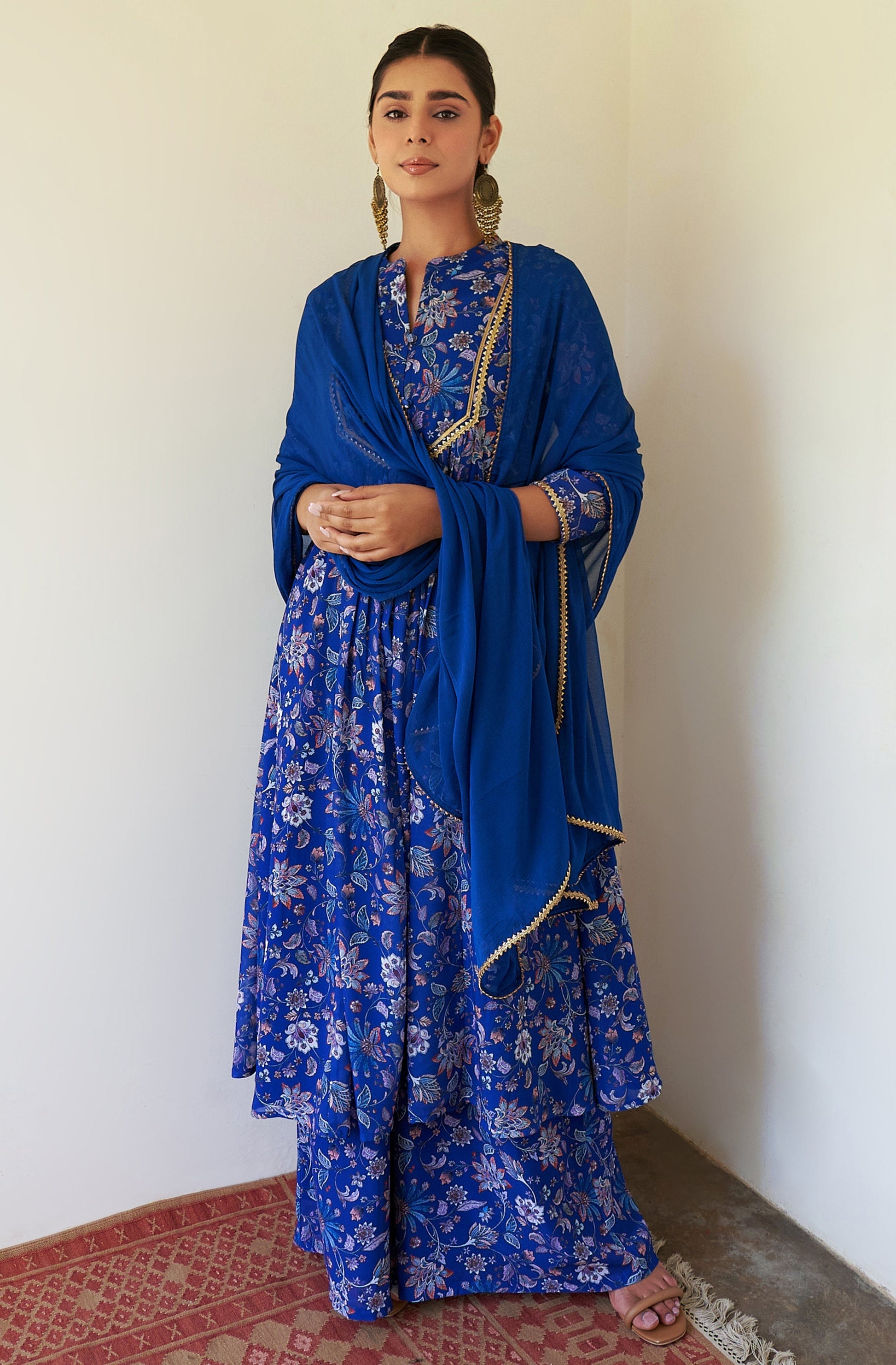 Janasya Dark Teal Blue Georgette Digital Floral Printed Set 