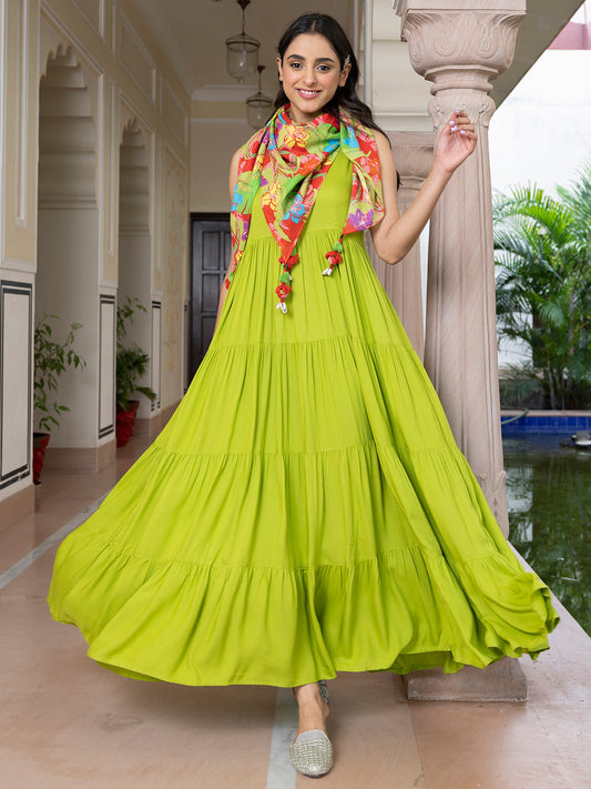 Janasya Women's Lime Green Rayon Solid Festive Tiered Kurta Set 