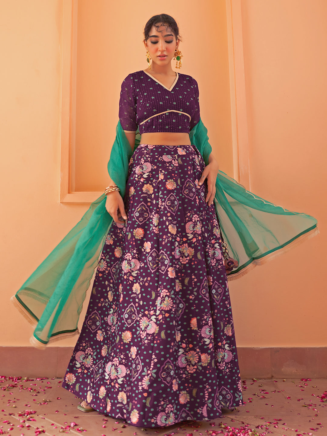Janasya Purple Georgette Digital Floral Printed Festive Lehenga Choli 
