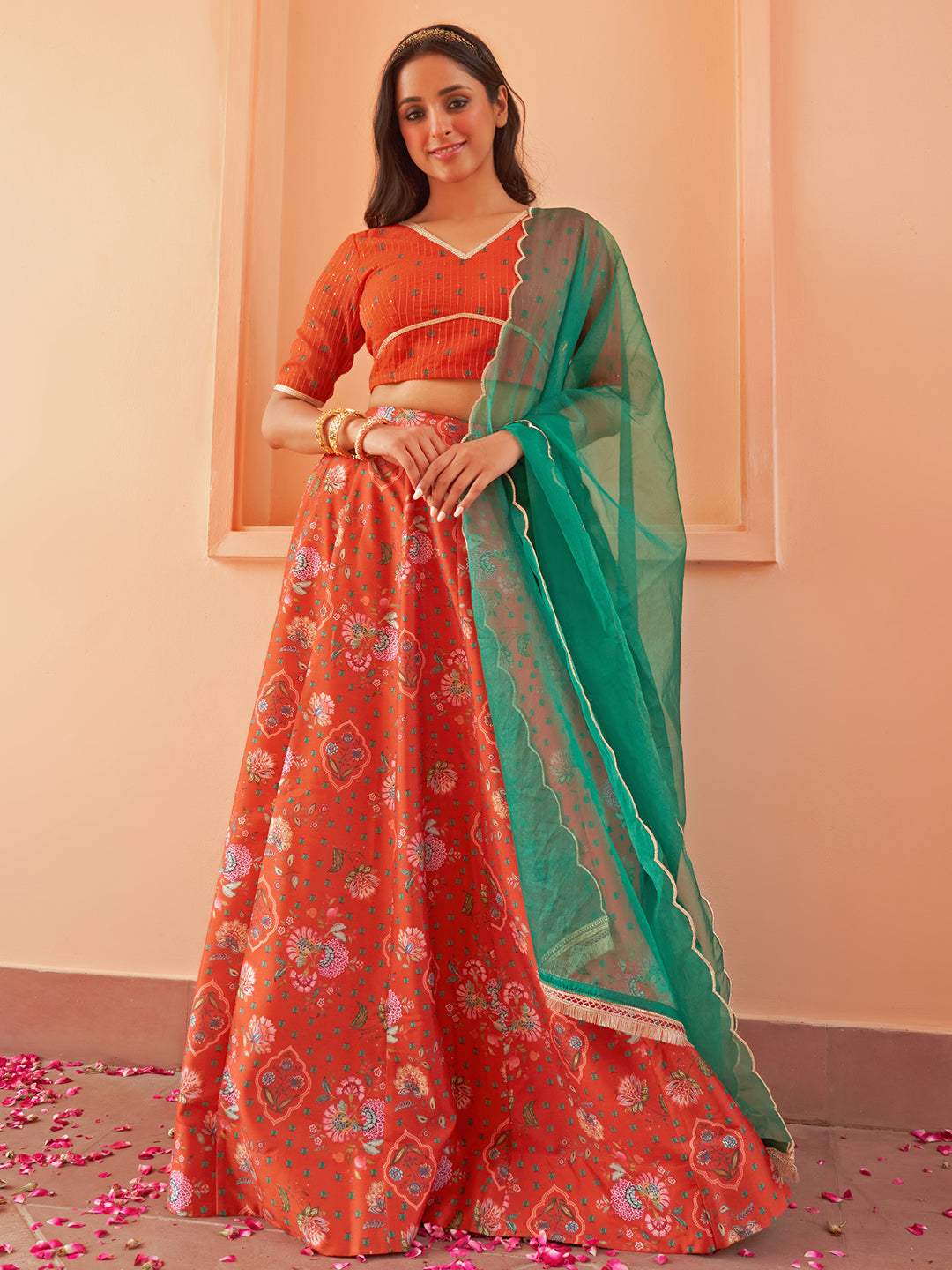 Janasya Orange Georgette Digital Floral Printed Festive Lehenga Choli 