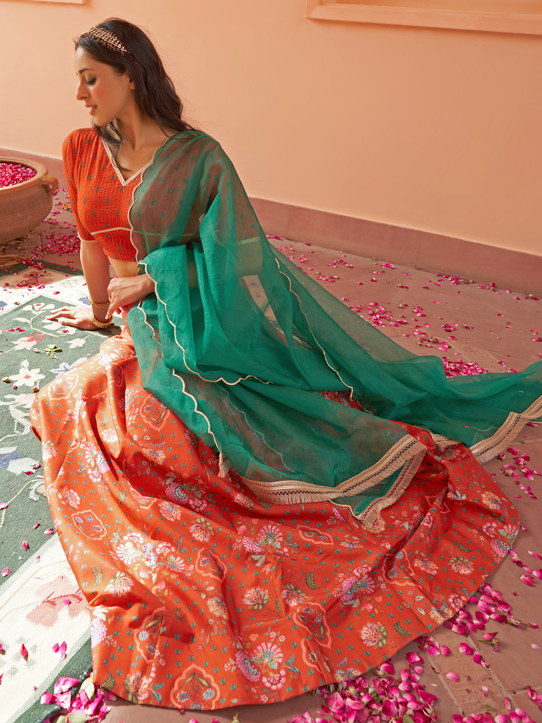 Janasya Orange Georgette Digital Floral Printed Festive Lehenga Choli 