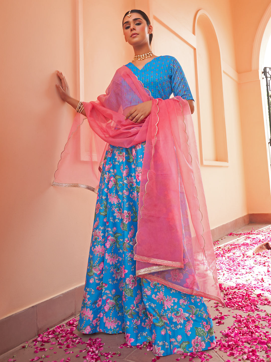 Janasya Blue Georgette Digital Floral Printed Festive Lehenga Choli 