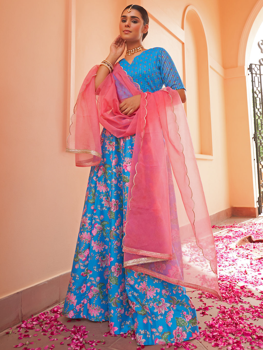 Janasya Blue Georgette Digital Floral Printed Festive Lehenga Choli 