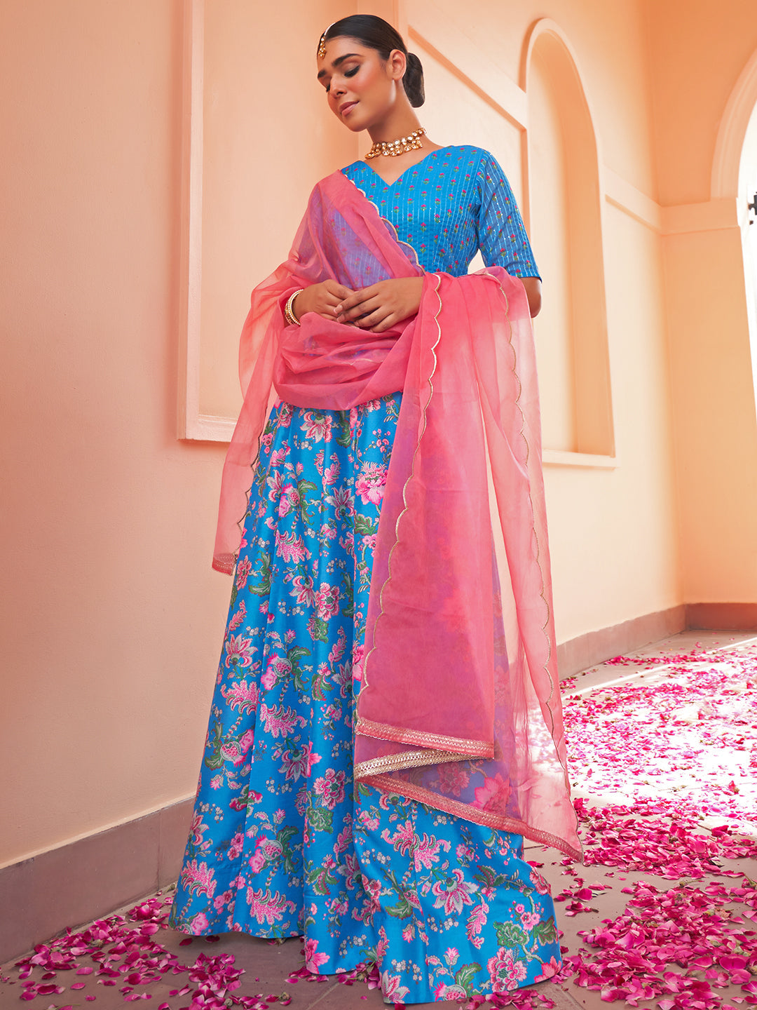 Janasya Blue Georgette Digital Floral Printed Festive Lehenga Choli 