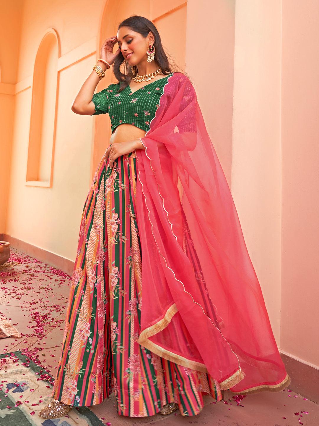 Janasya Green Georgette Digital Floral Printed Festive Lehenga Choli 