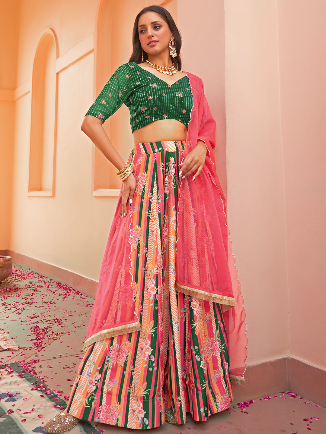Janasya Green Georgette Digital Floral Printed Festive Lehenga Choli 