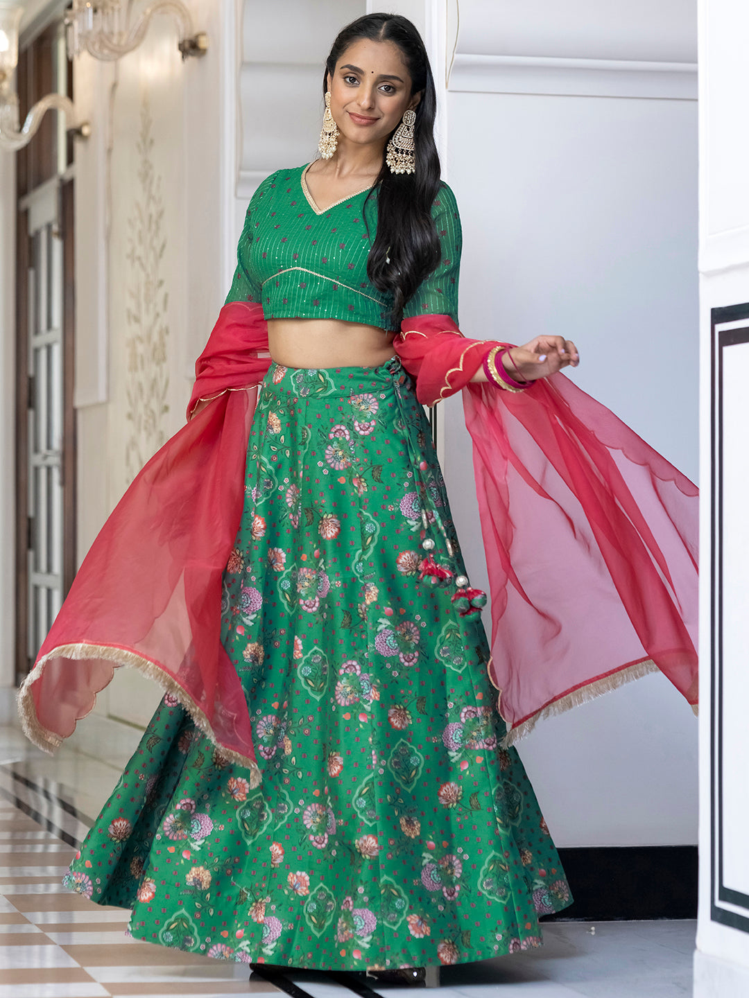Janasya Green Georgette Digital Floral Printed Festive Lehenga Choli 