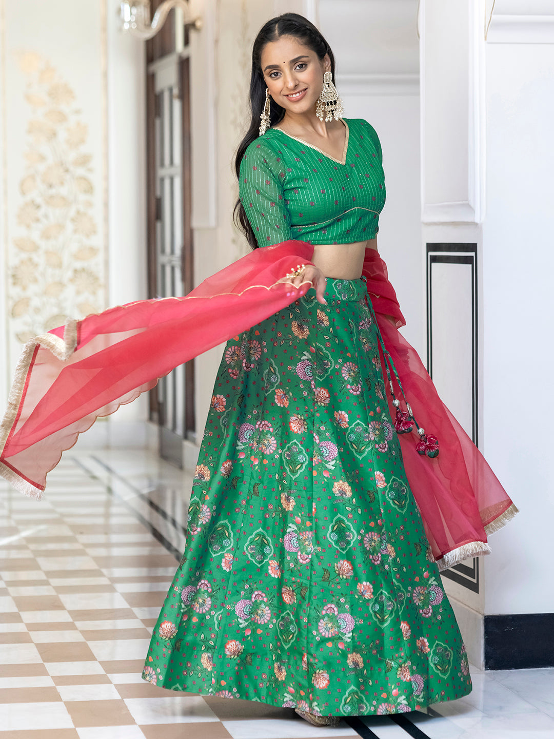 Janasya Green Georgette Digital Floral Printed Festive Lehenga Choli 