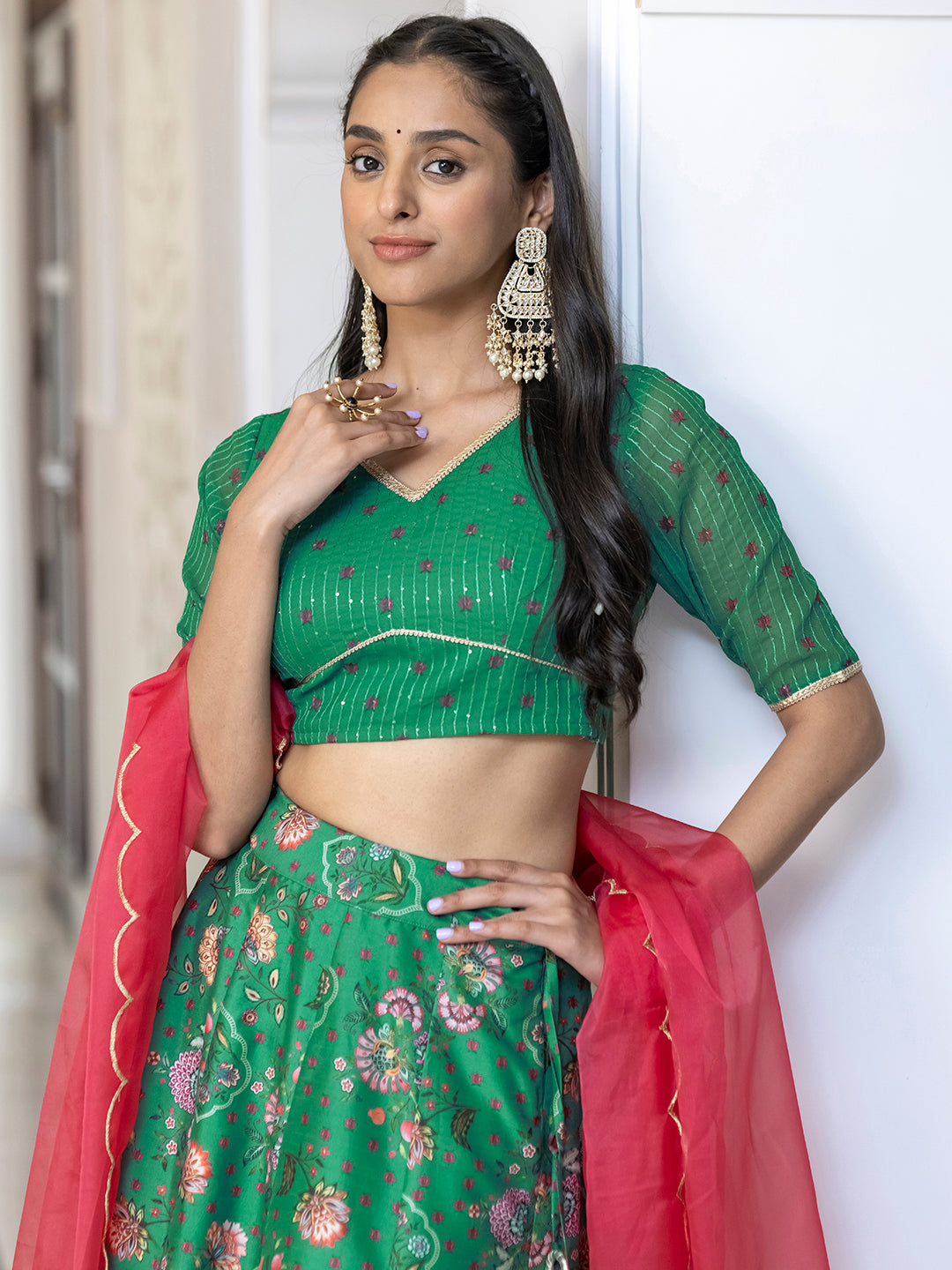 Janasya Green Georgette Digital Floral Printed Festive Lehenga Choli 