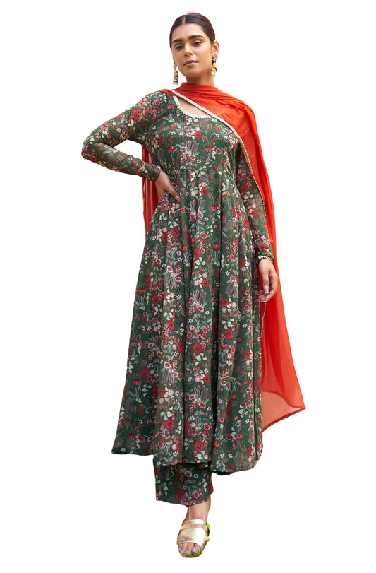 Janasya Bottle Green Georgette Digital Floral Printed Set 