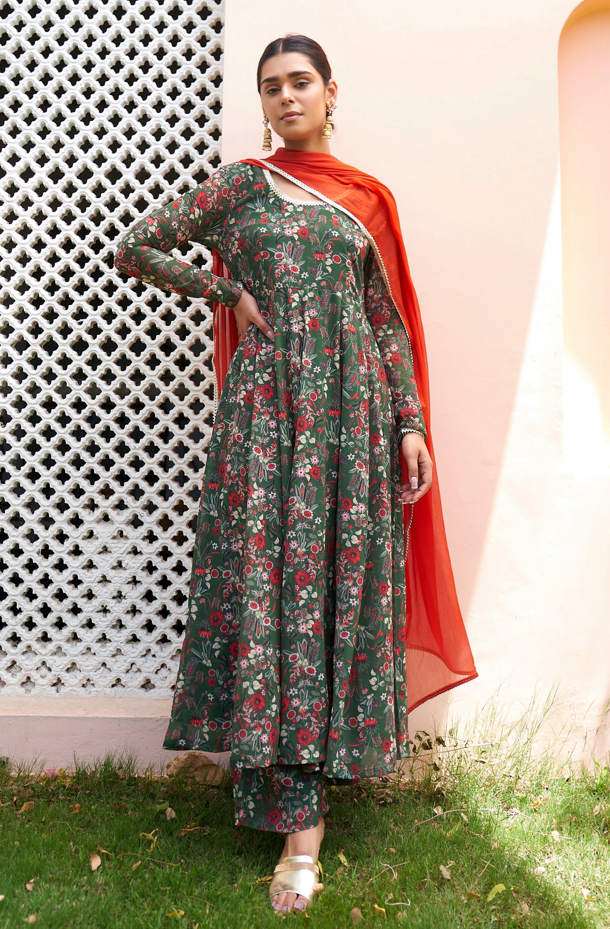 Janasya Bottle Green Georgette Digital Floral Printed Set 