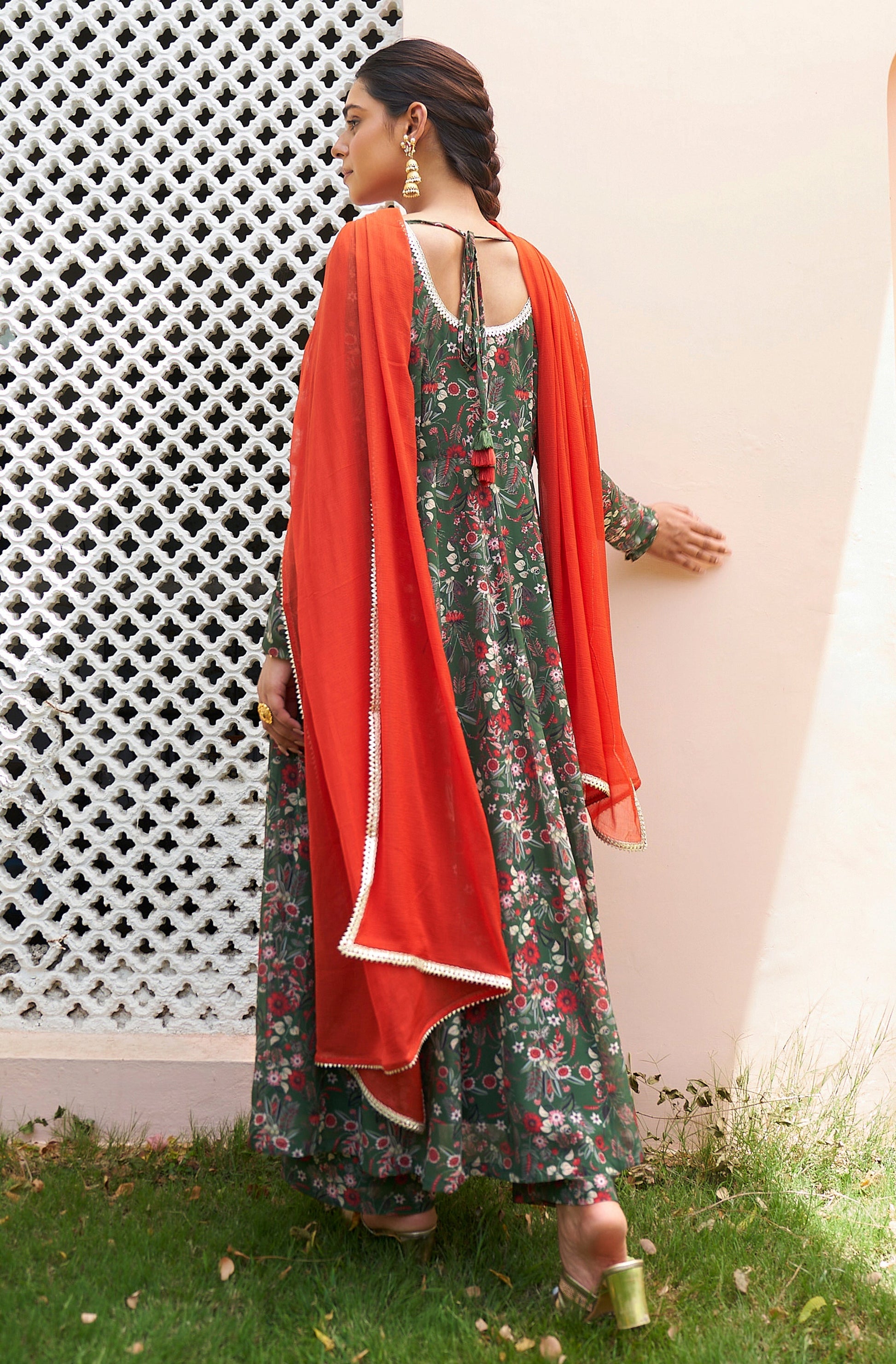 Janasya Bottle Green Georgette Digital Floral Printed Set 