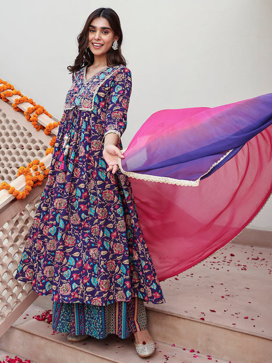 Janasya Women's Purple Cotton Embellished Ethnic Printed Festive A-line Kurta Set 