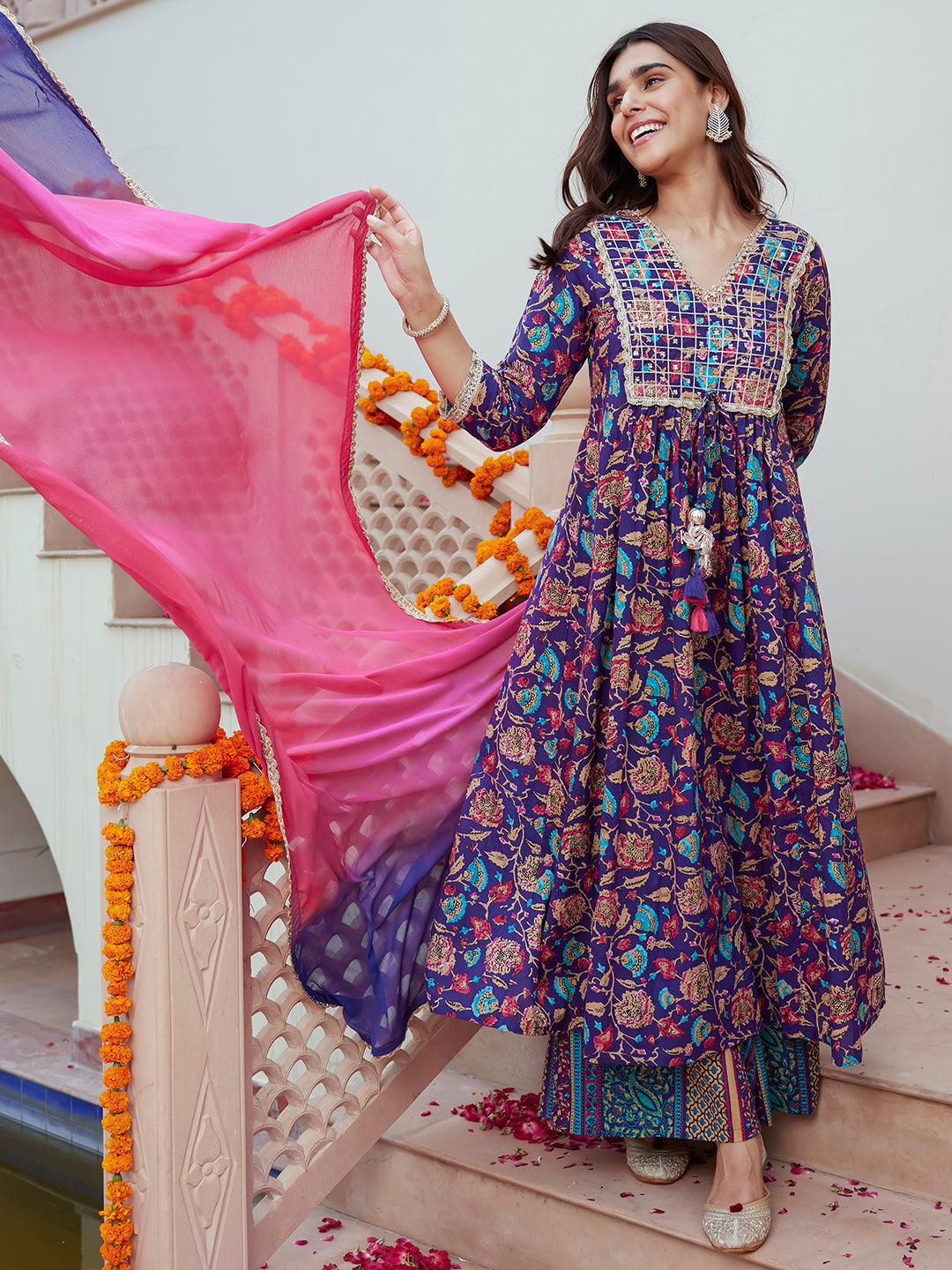 Janasya Women's Purple Cotton Embellished Ethnic Printed Festive A-line Kurta Set 