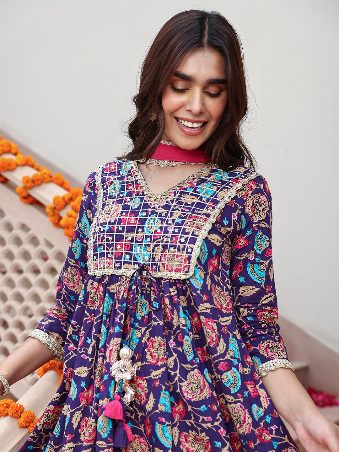 Janasya Women's Purple Cotton Embellished Ethnic Printed Festive A-line Kurta Set 