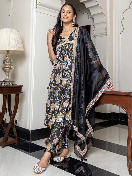 Janasya Women's Black Cotton Embellished Festive Empire Kurta Set 