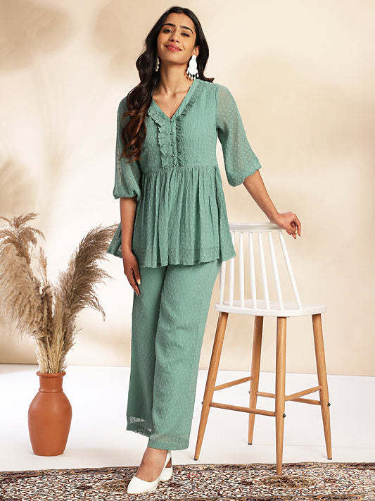 Janasya Sage Dobby Chiffon Woven Design Peplum Top & Bottom Set 