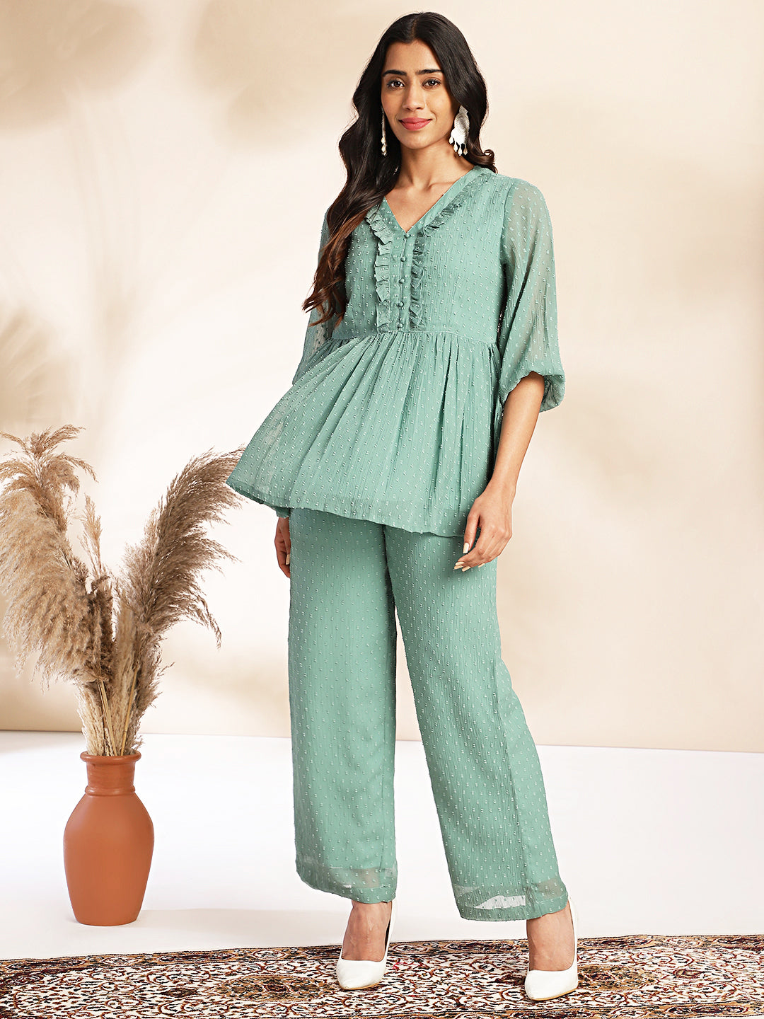 Janasya Sage Dobby Chiffon Woven Design Peplum Top & Bottom Set 