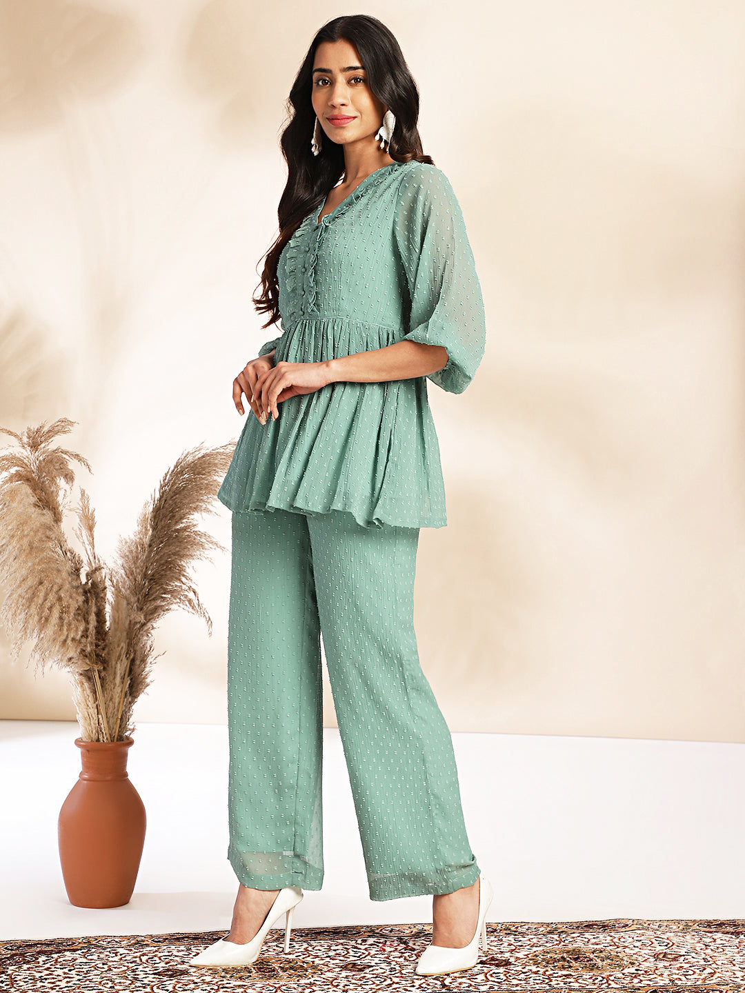 Janasya Sage Dobby Chiffon Woven Design Peplum Top & Bottom Set 