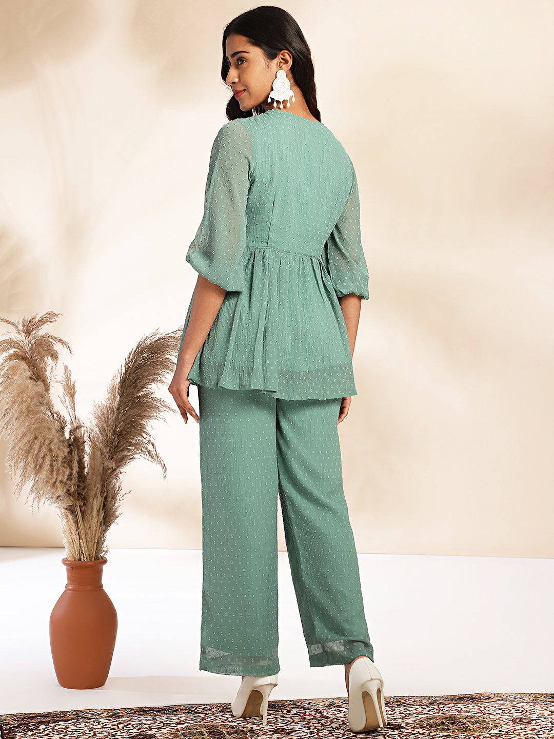 Janasya Sage Dobby Chiffon Woven Design Peplum Top & Bottom Set 
