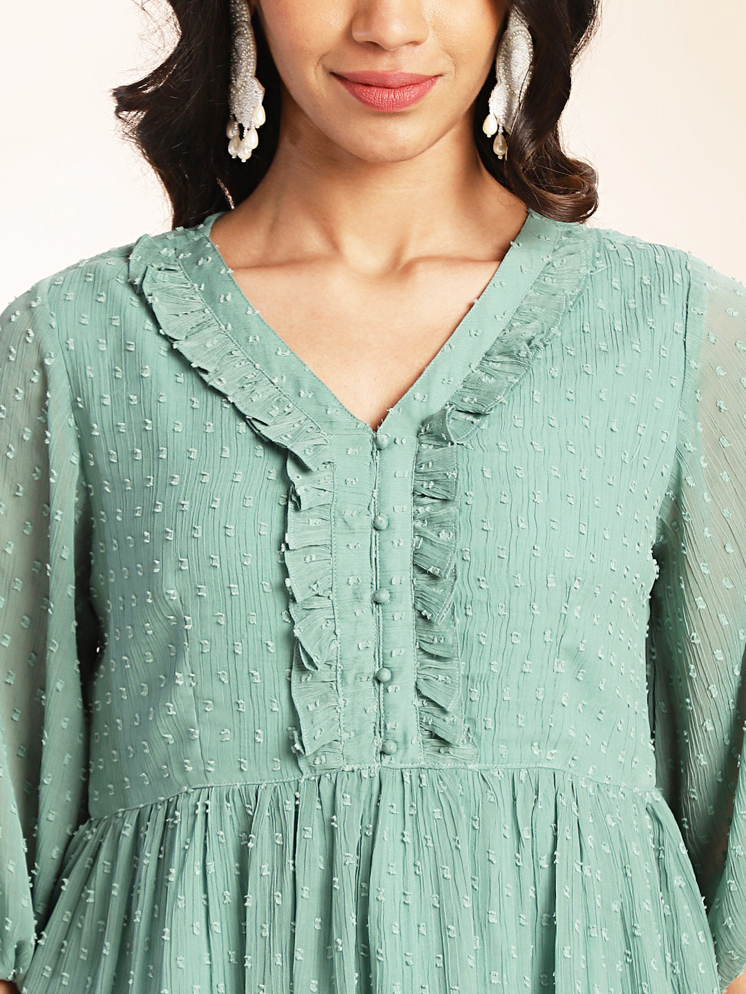 Janasya Sage Dobby Chiffon Woven Design Peplum Top & Bottom Set 