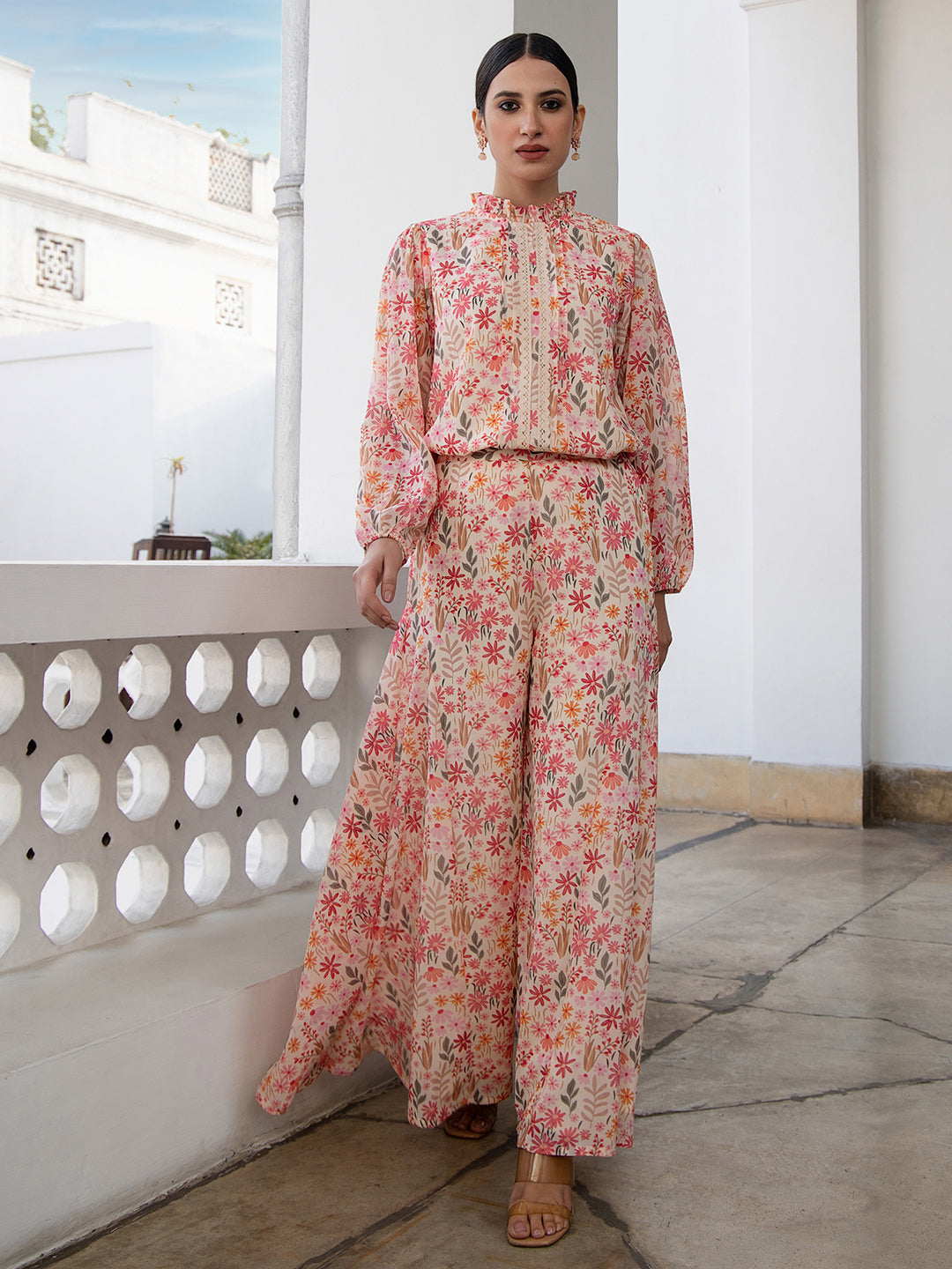 Janasya Beige Georgette Floral Regular Top & Bottom Set 