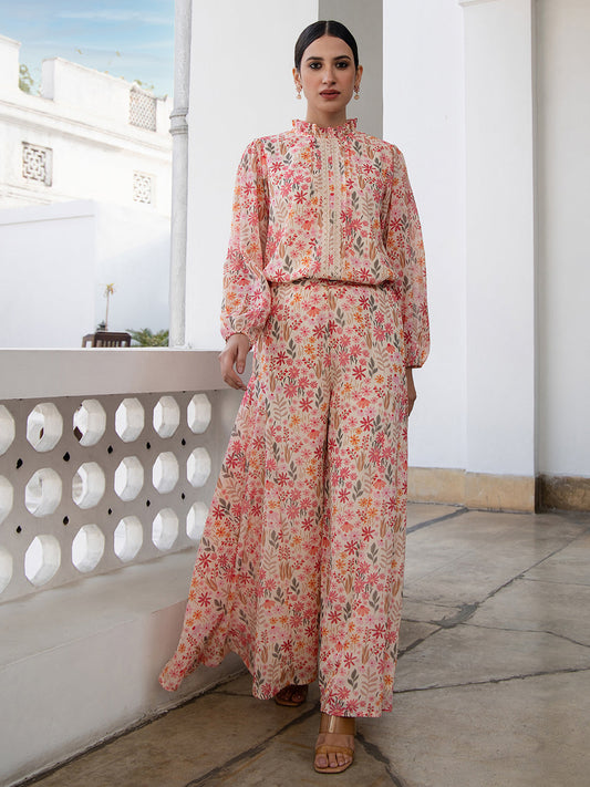 Janasya Beige Georgette Floral Regular Top & Bottom Set 