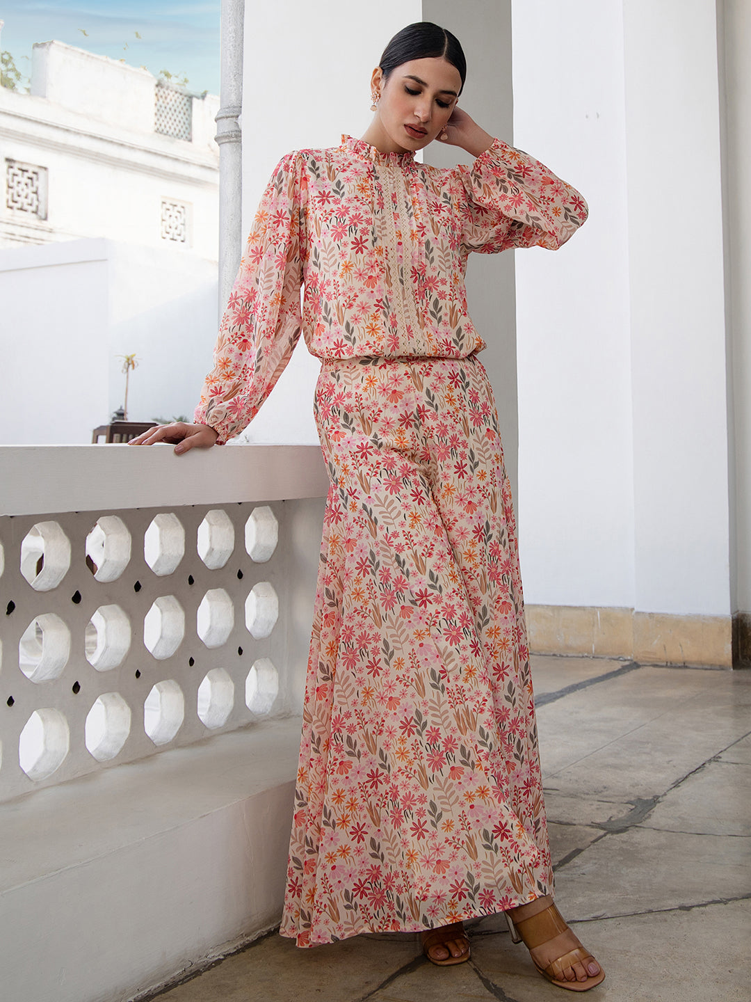 Janasya Beige Georgette Floral Regular Top & Bottom Set 