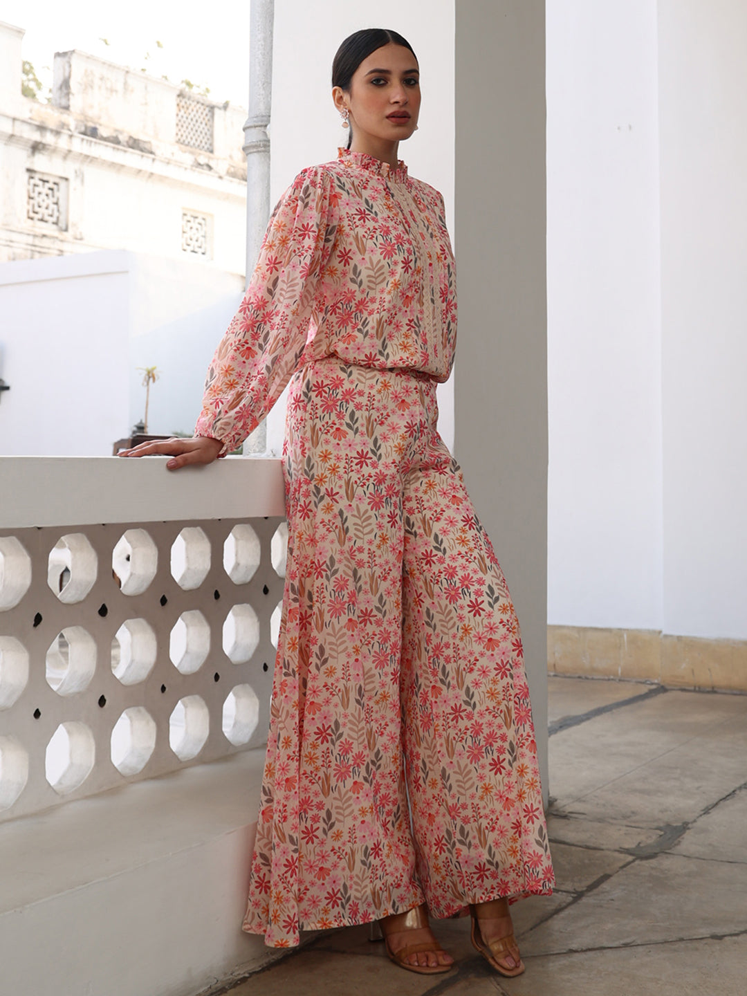 Janasya Beige Georgette Floral Regular Top & Bottom Set 