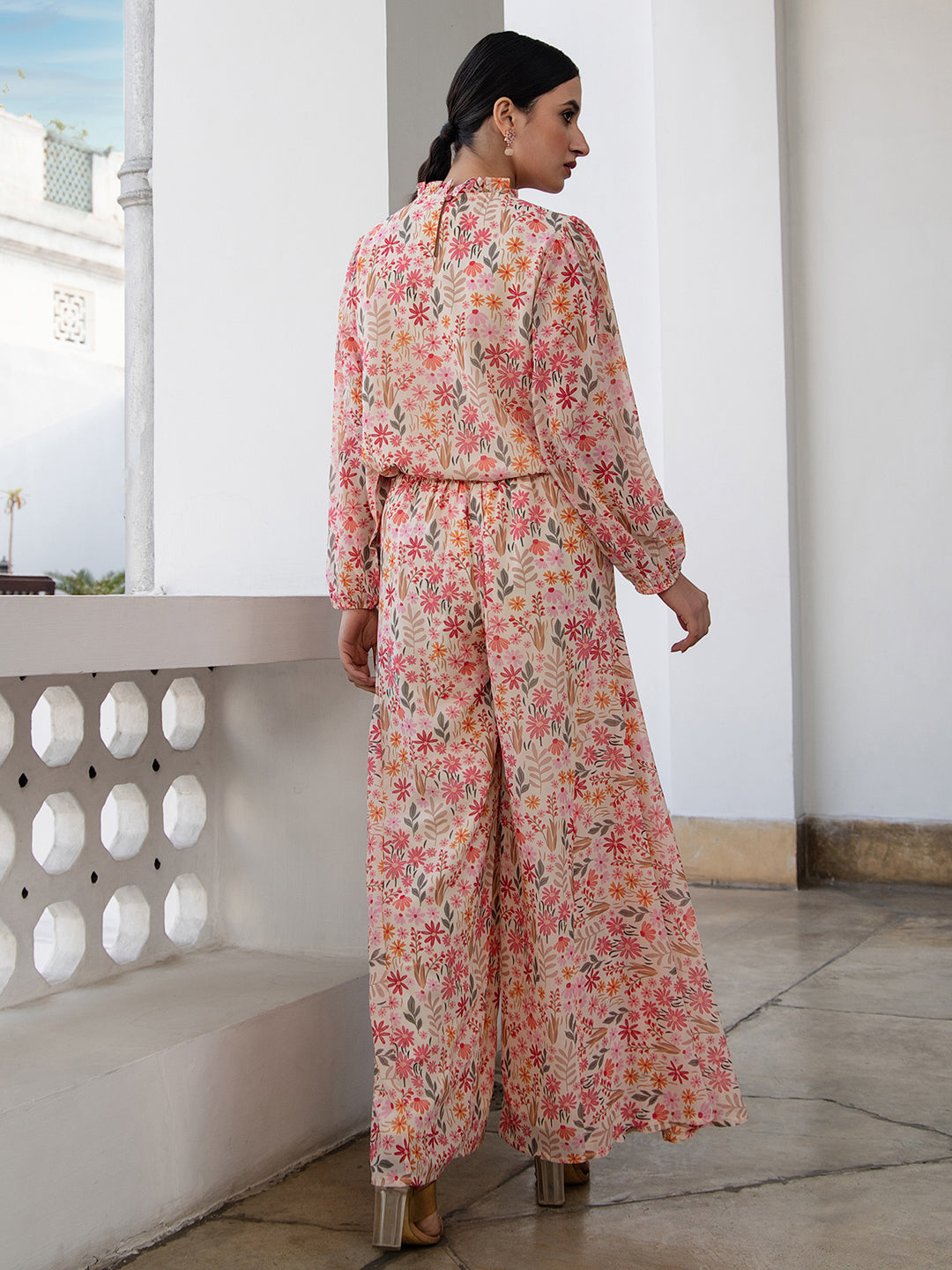 Janasya Beige Georgette Floral Regular Top & Bottom Set 