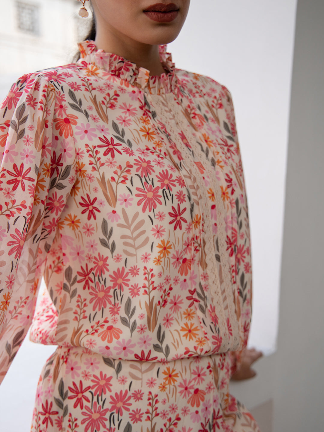 Janasya Beige Georgette Floral Regular Top & Bottom Set 