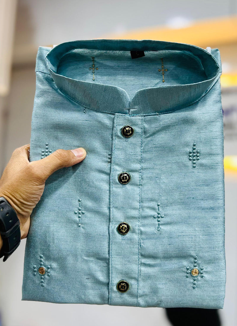Prazu Fashion Sky Blue Silk Embroidered Kurta With Pajama