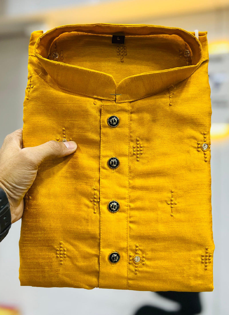 Prazu Fashion Yellow Silk Embroidered Kurta With Pajama